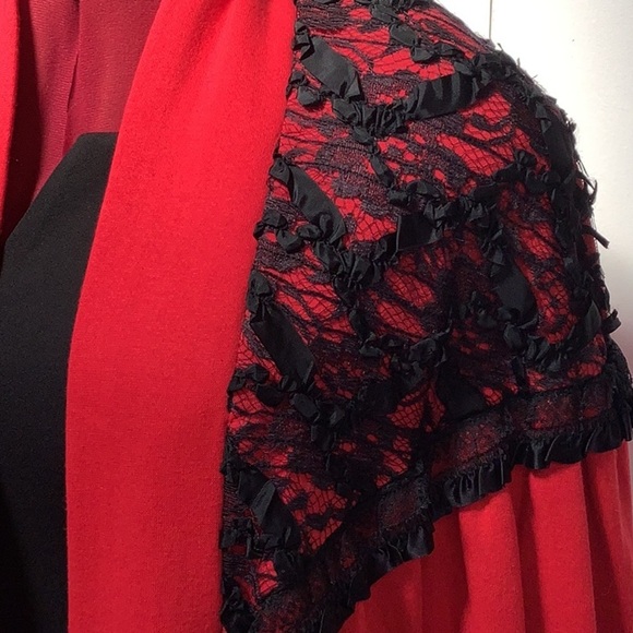 Vintage Sachi New York Long Red Black Lace Open Front Duster Robe Jacket O/S - Picture 4 of 11